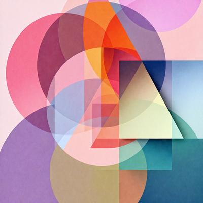 The primary subject of the image is a colorful geometric pattern, which is displayed on a blue background. The pattern consists of various shapes and colors, creating a visually appealing and vibrant scene. The visual style of the image is a combination of digital art and illustration, as it showcases a creative and artistic design. The dominant colors in the image are blue, pink, orange, and yellow, which contribute to a lively and energetic atmosphere.